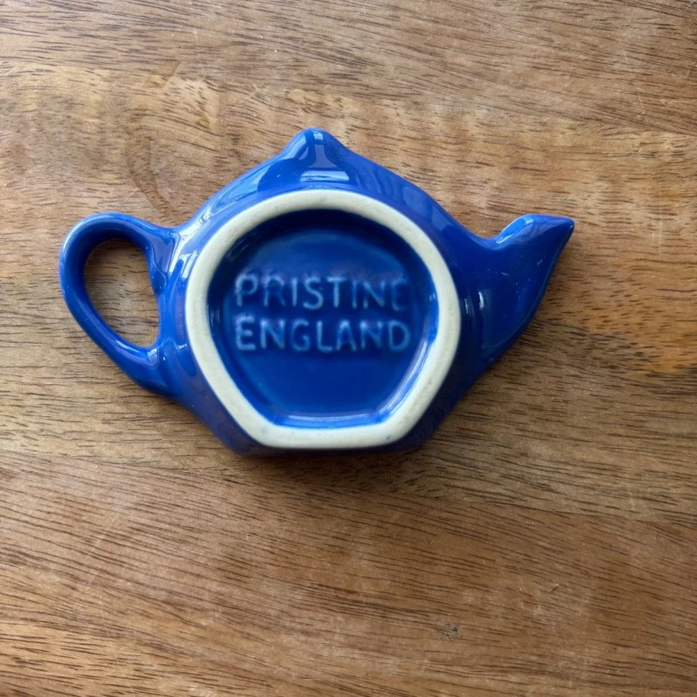 Vintage Pristine Pottery England Cobalt Blue Teapot Shaped Tea Bag Holder